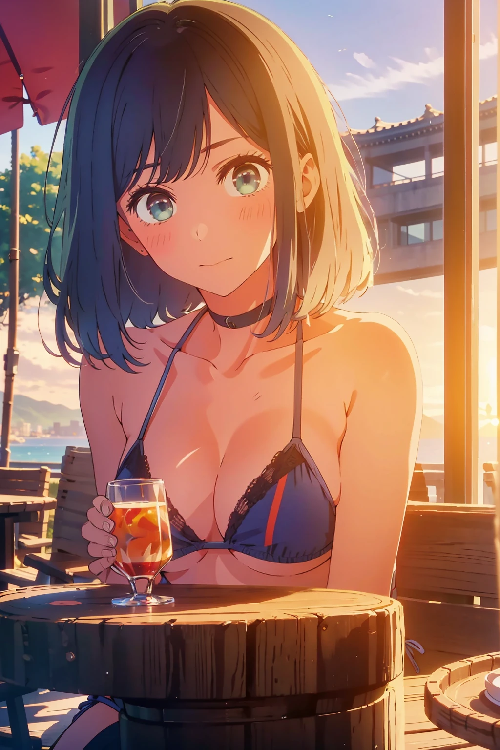 (Highest quality:1.4、masterpiece:1.4、Super detailed:1.4、8K:1.4)、F cup bust、Big Breasts、Slim body、((((1 person、Surprised expression、sit、In the background are the urban buildings of Tokyo、Looking at the camera、Outdoor café terrace、Sunset Beach、Navy hair color、juice、Shooting from a distance、table、sunset、Very cute face))))、((((bikini size too small))))、Big eyes、((((Shallow depth of field))))、Holding a glass