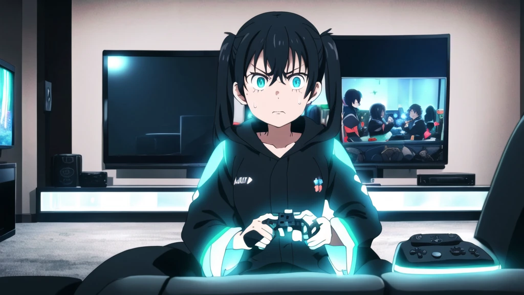 RH, 1girl, solo, portrait, twintails, sitting on couch, playing video games, holding game controller, ((across from tv)), (((dark room))), (((tv glowing))), angry expression, sweat, gamer outfit, perfect quality, good quality, masterpiece, HDR, UHD 