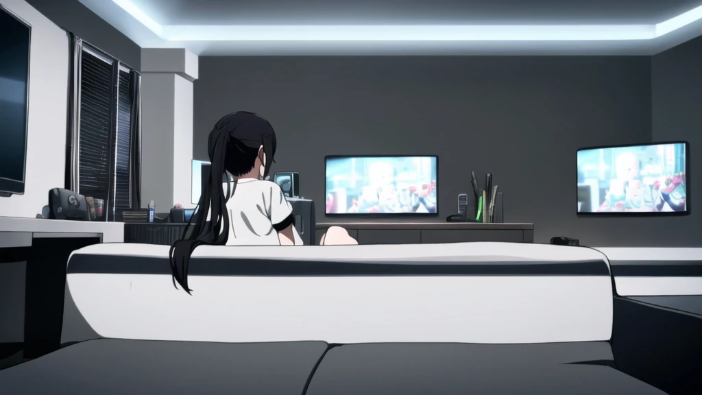 RH, 1girl, solo, portrait, twintails, sitting on couch, playing video games, holding game controller, ((across from tv)), (((dark room))), (((tv glowing))), angry expression, sweat, gamer outfit, perfect quality, good quality, masterpiece, HDR, UHD