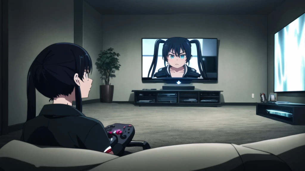 RH, 1girl, solo, portrait, twintails, sitting on couch, playing video games, holding game controller, ((across from tv)), (((dark room))), (((tv glowing))), angry expression, sweat, gamer outfit, perfect quality, good quality, masterpiece, HDR, UHD 