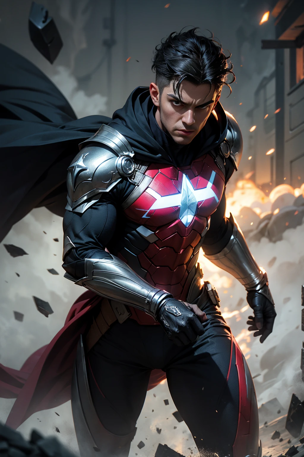 hombre, superhero, Marvel character, detailed facial features, hyper-realistic, cinematic lighting, 8K, high resolution, photorealistic, dramatic pose, heroic expression, metallic armor, flowing cape, epic action scene, dynamic composition, vibrant colors, chiaroscuro lighting, volumetric fog, cinematic depth of field