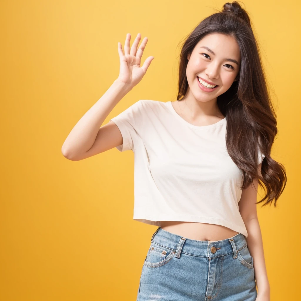 Foreign woman, black, long hair, white T-shirt, denim shorts, laughing, hands raised, pale yellow background