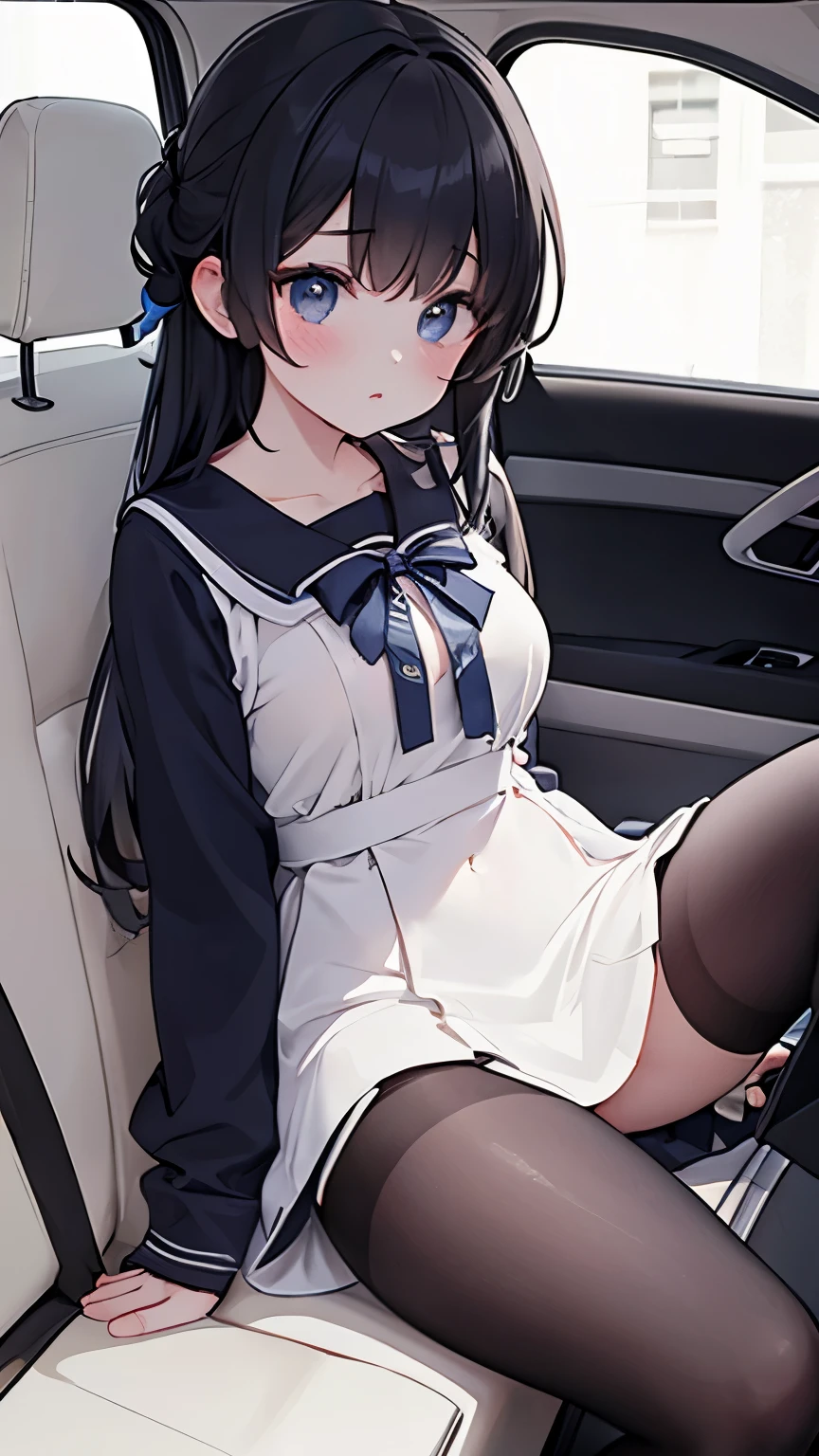 high resolution、4K、Masterpiece、1 big breasted girls、Back seat of a car、Micro Mini Skirt、No panties、blush、Black knee-high socks、Absolute area、Masturbation、Love juice、Climax、Squirting、Full body portrait、tough、sit、Spread your legs、Exposing the breasts、Bare your breasts、Nipples、Pantyhose pull