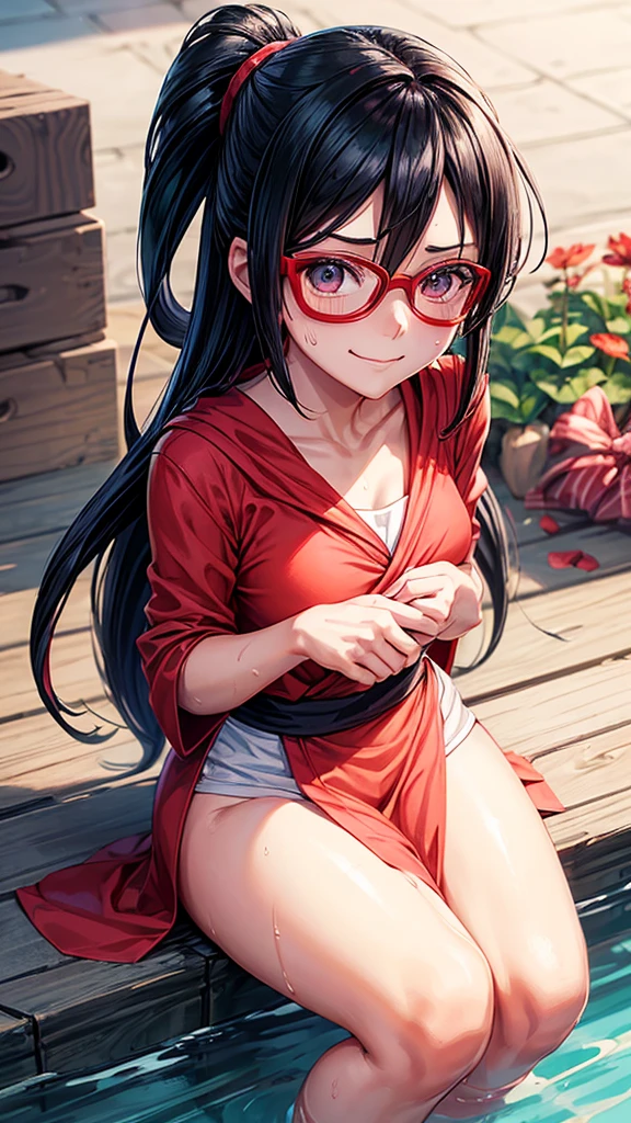 ((Best quality))((realistic))((full body))((face detail))A girl. Sarada Uchiha/(Boruto Characters)/ , Red glasses , towel clothing (1.6) , shy , eyes half close , sedative smile , look at viwer , spring, stream , wet 