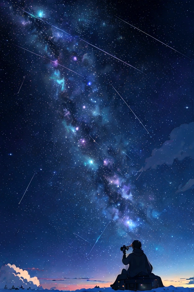 The world seen through a telescope、Iridescent幻想的なNight Sky、constellation, Iridescentconstellation、Iridescent空包み込まれそうな瞬間,Astronomical observation、Planetarium、Meteors、colorful,美しいconstellation、Three-dimensional,wonderful景色,Night Sky,An atmosphere full of dreams and hope,masterpiece.16K, Ultra-high resolution, to be born,wonderful ,future、Iridescent、The world 30 years from now。