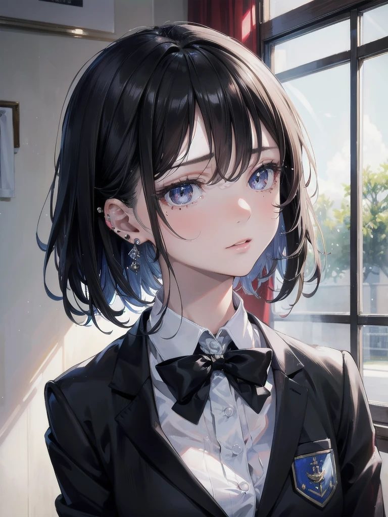 absurdres, RAW photo, extremely delicate and beautiful, masterpiece, Best Quality, ultra high resolution, 32k, hyperrealistic, ultra-detailed, in her 20s, delicate facial features, tearful mole, earring, medium breasts, full body shot, shorter middle hair, black hair, school_uniform, blazer,