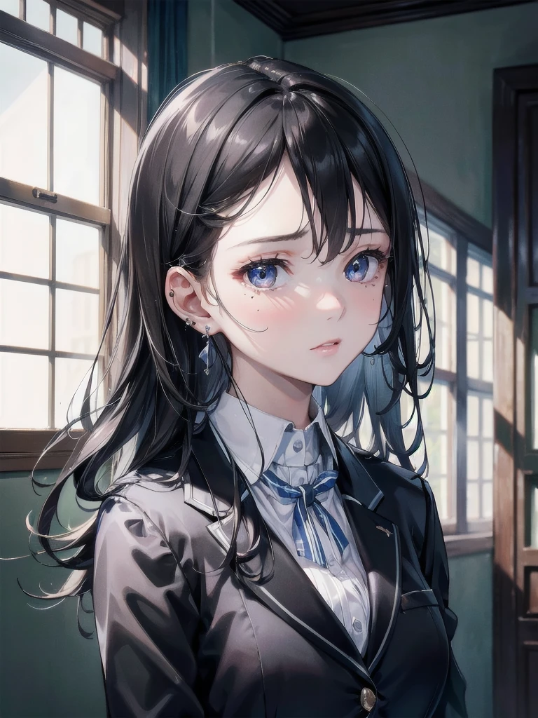 absurdres, RAW photo, extremely delicate and beautiful, masterpiece, Best Quality, ultra high resolution, 32k, hyperrealistic, ultra-detailed, in her 20s, delicate facial features, tearful mole, earring, medium breasts, full body shot, shorter middle hair, black hair, school_uniform, blazer,