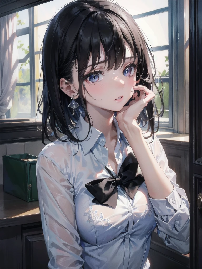 absurdres, RAW photo, extremely delicate and beautiful, masterpiece, Best Quality, ultra high resolution, 32k, hyperrealistic, ultra-detailed, in her 20s, delicate facial features, tearful mole, earring, medium breasts, full body shot, shorter middle hair, black hair, school_uniform, blazer,