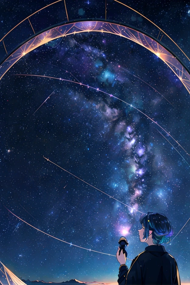 The world seen through a telescope、Iridescent幻想的なNight Sky、constellation, Iridescentconstellation、Iridescent空包み込まれそうな瞬間，Astronomical observation、Planetarium、Meteors、colorful，美しいconstellation、Three-dimensional，wonderful景色，Night Sky，An atmosphere full of dreams and hope，masterpiece．16K, Ultra-high resolution, to be born,wonderful ,future、Iridescent、The world 30 years from now。