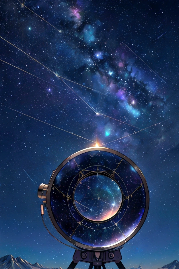 The world seen through a telescope、Iridescent幻想的なNight Sky、constellation, Iridescentconstellation、Iridescent空包み込まれそうな瞬間，Astronomical observation、Planetarium、Meteors、colorful，美しいconstellation、Three-dimensional，wonderful景色，Night Sky，An atmosphere full of dreams and hope，masterpiece．16K, Ultra-high resolution, to be born,wonderful ,future、Iridescent、The world 30 years from now。