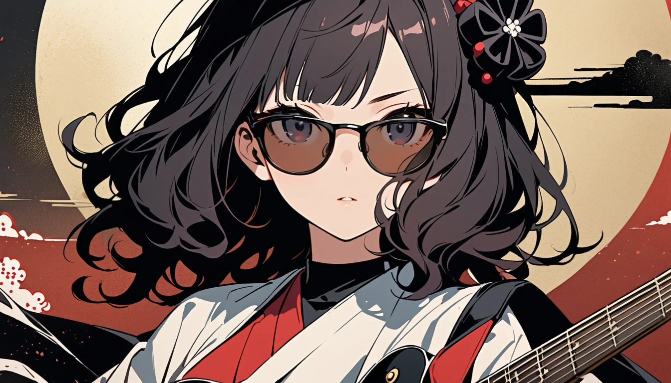 (((Highest quality))), (((Katsushika Hokusai))), (((Ink Painting))), ((very straight longhair)), ((1 girl)), ((sunglasses)), ((beautiful girl)), ((Holding a Les Paul guitar)), Japanese style headphones, Black Hair, Delicate and precise, Modern ukiyo-e style, face close up