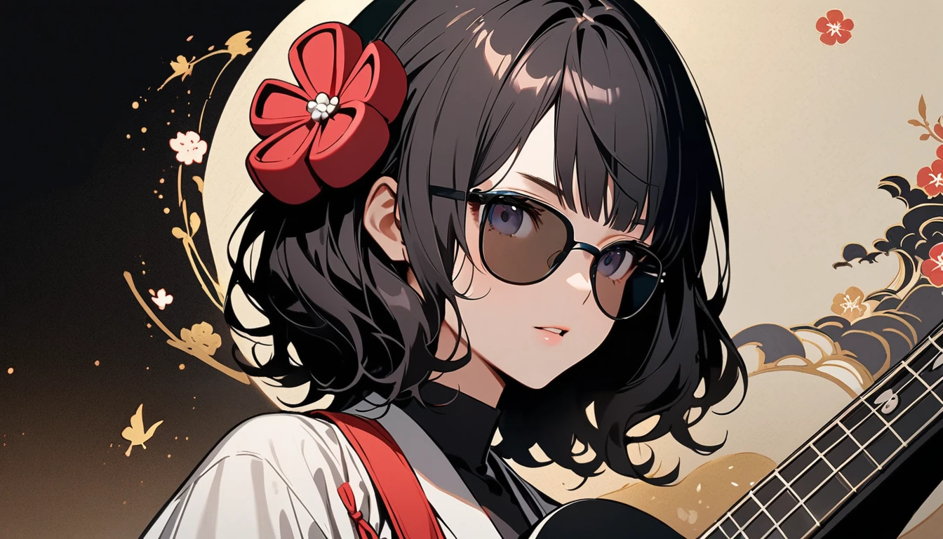 (((Highest quality))), (((Katsushika Hokusai))), (((Ink Painting))), ((very straight longhair)), ((1 girl)), ((sunglasses)), ((beautiful girl)), ((Holding a Les Paul guitar)), Japanese style headphones, Black Hair, Delicate and precise, Modern ukiyo-e style, face close up