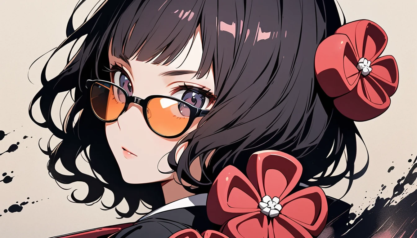 (((Highest quality))), (((Katsushika Hokusai))), (((Ink Painting))), ((very straight longhair)), ((1 girl)), ((sunglasses)), ((beautiful girl)), ((Holding a Les Paul guitar)), Japanese style headphones, Black Hair, Delicate and precise, Modern ukiyo-e style, face close up