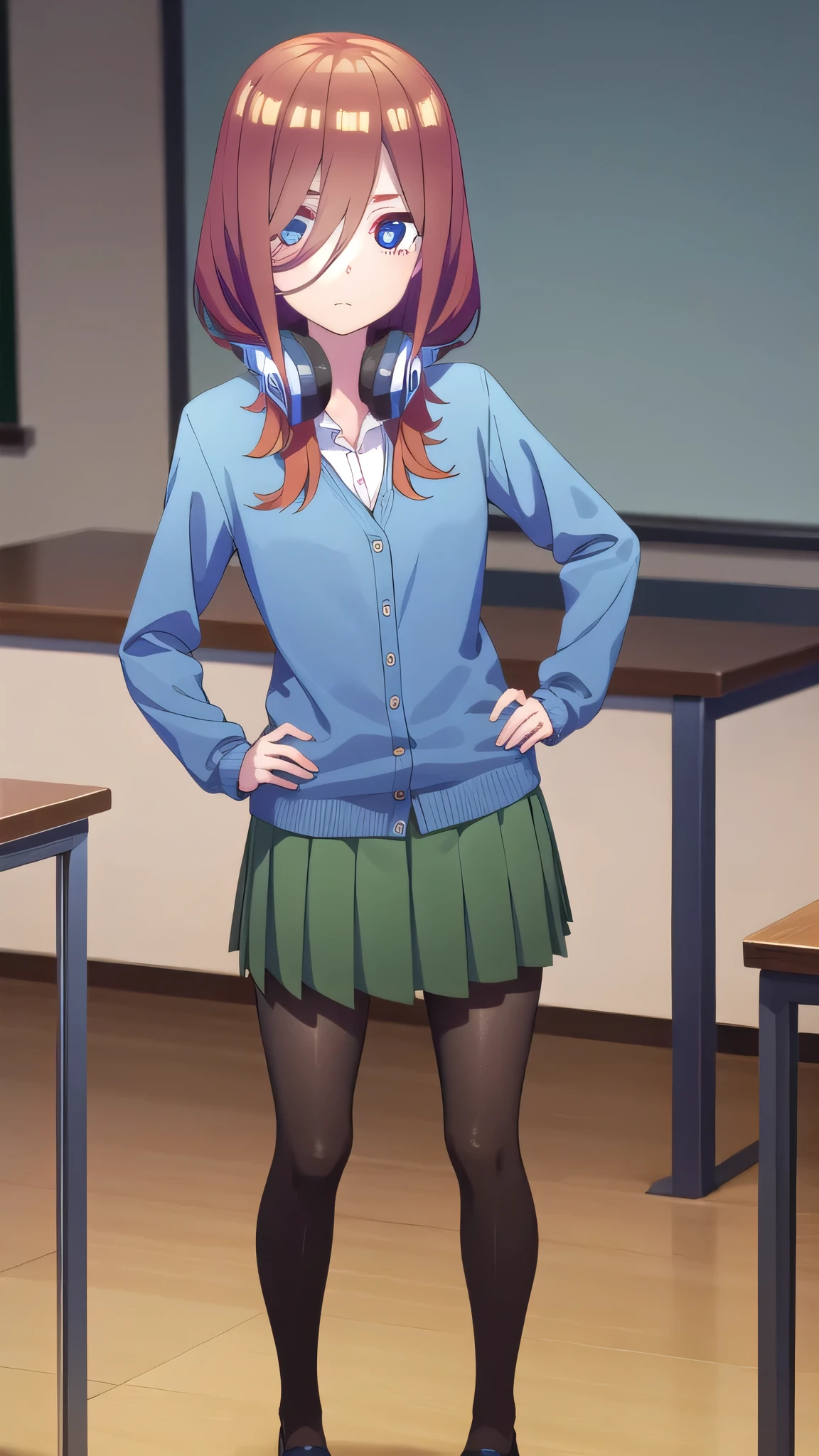 mikunakano, miku nakano, long hair, bangs, blue eyes, brown hair, shirt, hair between eyes, headphones, cardigan, headphones around neck,
BREAK skirt, shirt, long sleeves, white shirt, pantyhose, pleated skirt, black pantyhose, cardigan, green skirt, blue cardigan,
BREAK indoors, classroom,
BREAK looking at viewer,
BREAK (masterpiece:1.2), best quality, high resolution, unity 8k wallpaper, (illustration:0.8), (beautiful detailed eyes:1.6), extremely detailed face, perfect lighting, extremely detailed CG, (perfect hands, perfect anatomy), full body, standing, hand on hip