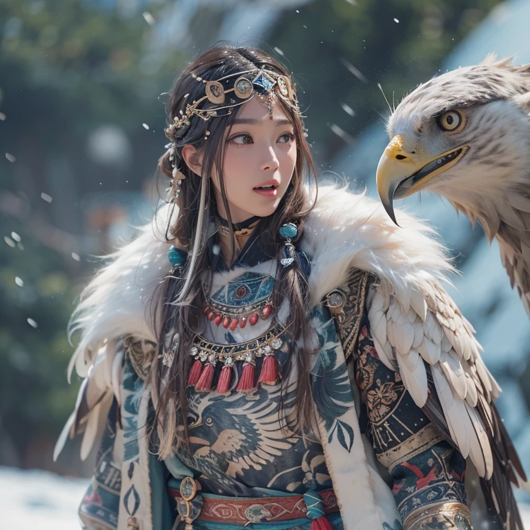 Hiding in the snowy mountains、Hair flow、 ((Highest quality、masterpiece、8K、Best image quality、Ultra-high resolution、Award-winning works)、(Accurate anatomy:1.1)、(Look at me and smile:1.1)、Shining fair skin with Ultra-high resolution、The most detailed face、Ultra-high resolution detailed face、Ultra-high resolutionの髪の毛、(Ultra-high resolutionの煌めく瞳:1.1)、Beautiful face drawn in every detail、(Blurred Background:1.1)、Ancient Inuit clothing, Chest to chest, tattoo, Old ruins in the background、Apart from the real giant eagle