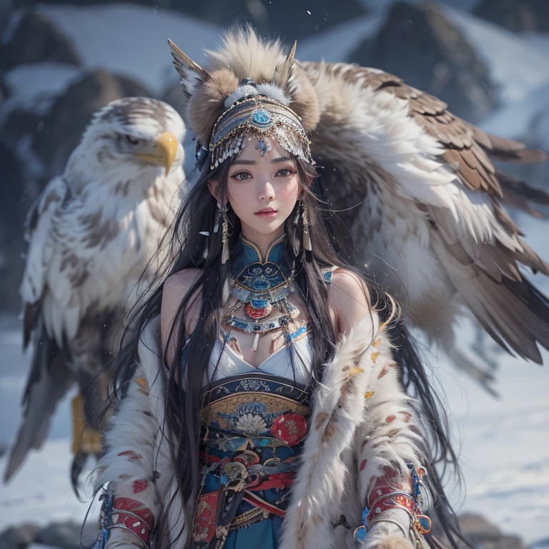 Hiding in the snowy mountains、Hair flow、 ((Highest quality、masterpiece、8K、Best image quality、Ultra-high resolution、Award-winning works)、(Accurate anatomy:1.1)、(Look at me and smile:1.1)、Shining fair skin with Ultra-high resolution、The most detailed face、Ultra-high resolution detailed face、Ultra-high resolutionの髪の毛、(Ultra-high resolutionの煌めく瞳:1.1)、Beautiful face drawn in every detail、(Blurred Background:1.1)、Ancient Inuit clothing, Chest to chest, tattoo, Old ruins in the background、Apart from the real giant eagle