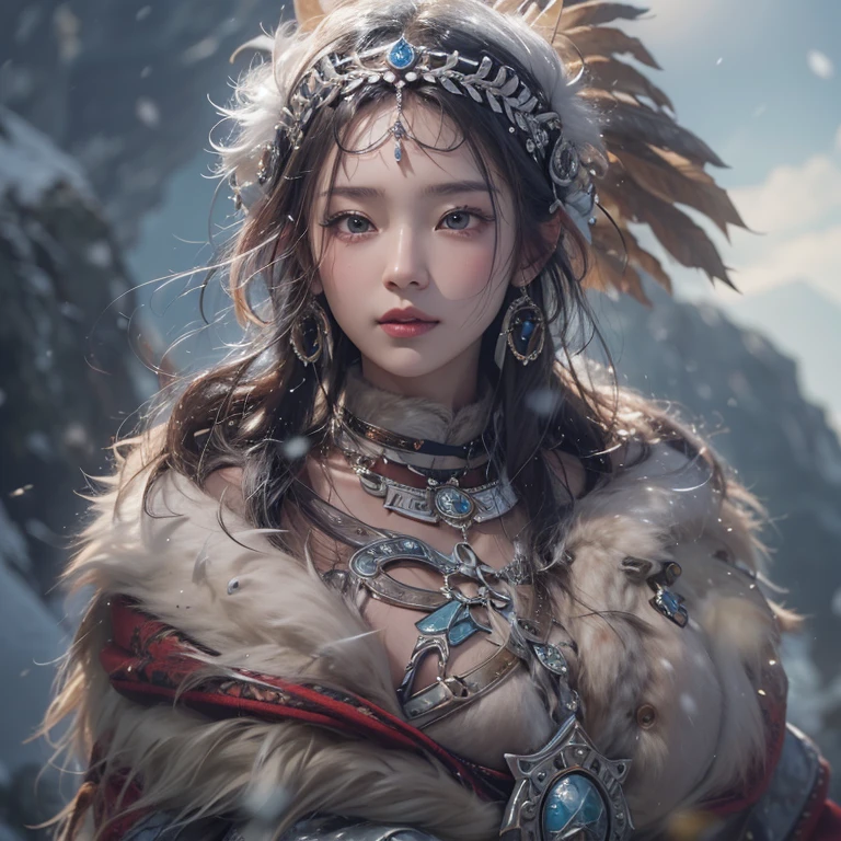 Hiding in the snowy mountains、Hair flow、 ((Highest quality、masterpiece、8K、Best image quality、Ultra-high resolution、Award-winning works)、(Accurate anatomy:1.1)、(Look at me and smile:1.1)、Shining fair skin with Ultra-high resolution、The most detailed face、Ultra-high resolution detailed face、Ultra-high resolutionの髪の毛、(Ultra-high resolutionの煌めく瞳:1.1)、Beautiful face drawn in every detail、(Blurred Background:1.1)、Ancient Inuit clothing, Chest to chest, tattoo, Old ruins in the background、Apart from the real giant eagle
