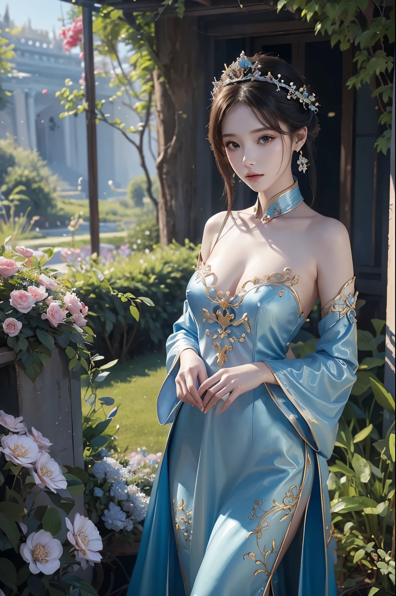painting of a woman in a blue dress standing in a garden, a fine art painting by Chen Lin, trending on cg society, fantasy art, fantasy art style, ethereal fantasy, a beautiful fantasy empress, beautiful fantasy art, ((a beautiful fantasy empress)), fantasy beautiful, beautiful fantasy maiden, ethereal beauty, palace , a girl in hanfu, vibrant fantasy style