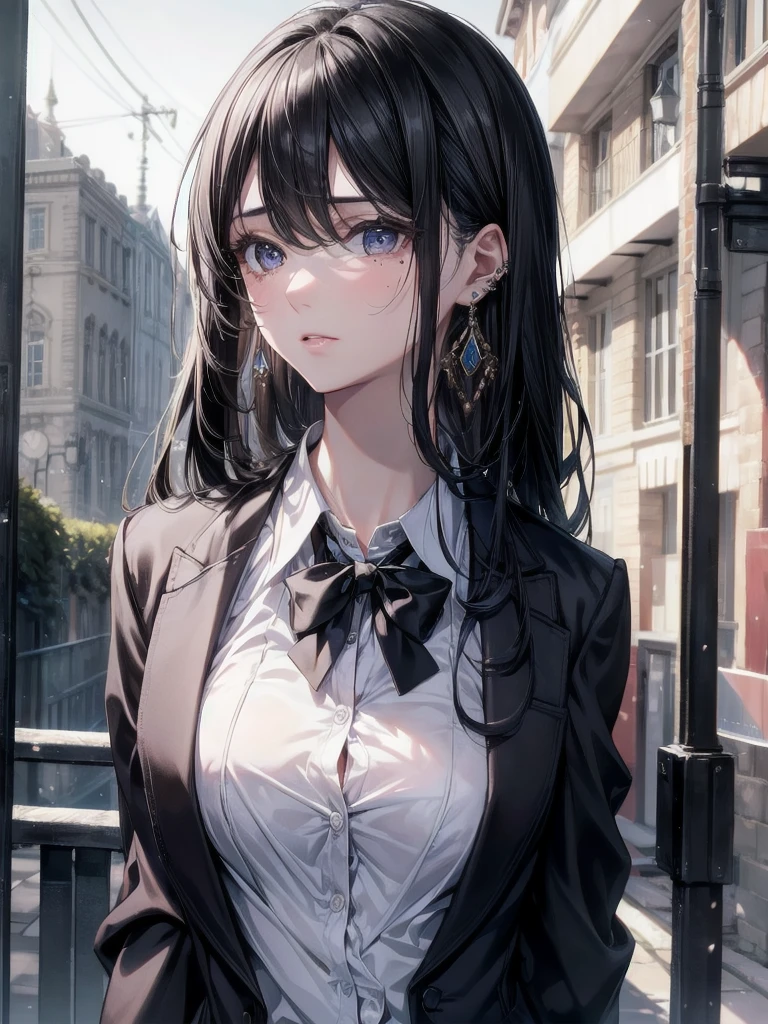 absurdres, RAW photo, extremely delicate and beautiful, masterpiece, Best Quality, ultra high resolution, 32k, hyperrealistic, ultra-detailed, in her 20s, delicate facial features, tearful mole, earring, medium breasts, full body shot, shorter middle hair, black hair, school_uniform, blazer,