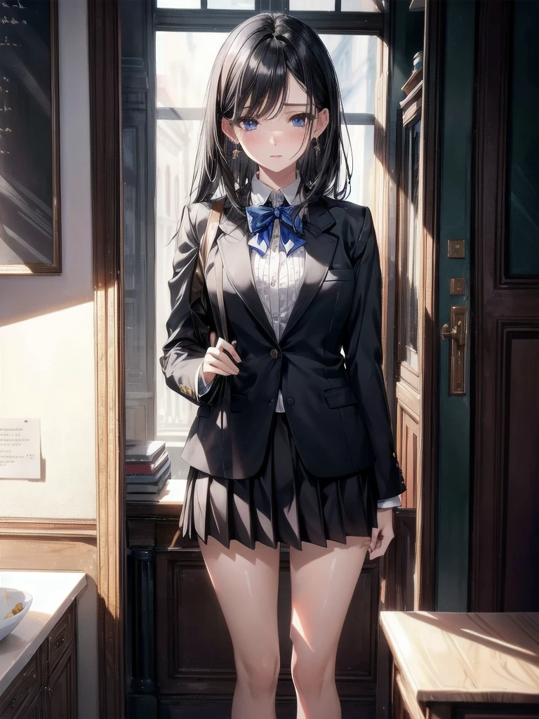 absurdres, RAW photo, extremely delicate and beautiful, masterpiece, Best Quality, ultra high resolution, 32k, hyperrealistic, ultra-detailed, in her 20s, delicate facial features, tearful mole, earring, medium breasts, full body shot, shorter middle hair, black hair, school_uniform, blazer,
