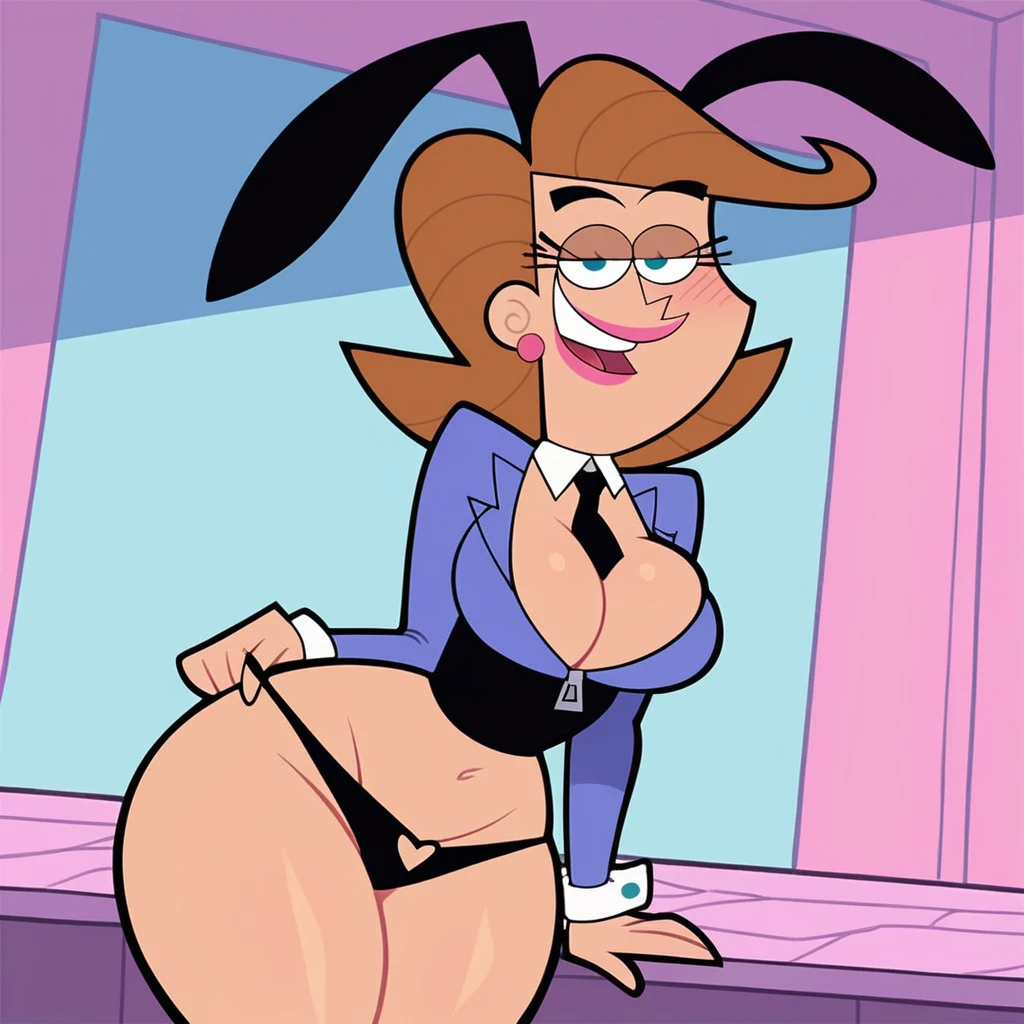 1 girl, Mrs Turner, (Timmy's mom) breasts, pasties, hair, animal ears, eyes, solo, bunny ears, huge thighs, navel, cross, c micro thong, jewelry, cleavage, cuffs, black thighs, hair, looking at viewer, thick thighs, necklace, earrings, playboy bunny, fake animal ears, big breasts, smile, cross necklace, choker, high leg, thick thighs, underwear, micro thong, bunny pose, blush, curvy, breasts big, bare shoulders