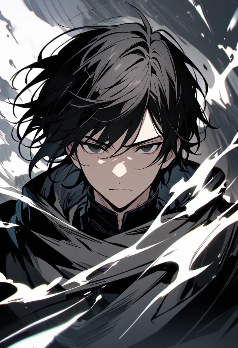 male, solo, handsome, black hair, black eyes, black cloak, white aura, main face, front face