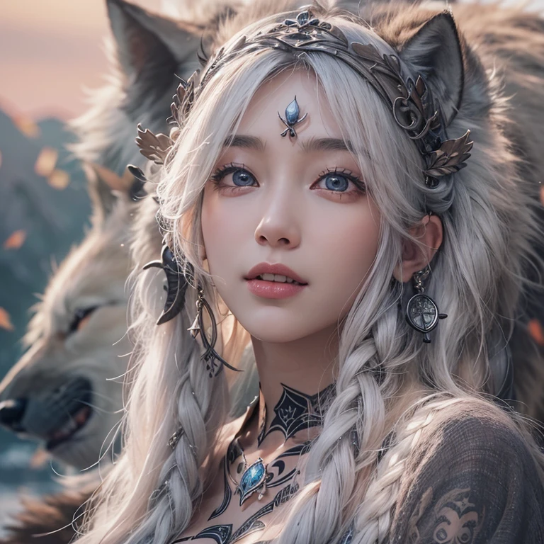 Lakeside surrounded by snowy mountains、Hair flow、 ((Highest quality、masterpiece、8K、Best image quality、Ultra-high resolution、Award-winning works)、(Accurate anatomy:1.1)、(Look at me and smile:1.1)、Shining fair skin with Ultra-high resolution、The most detailed face、Ultra-high resolution detailed face、Ultra-high resolutionの髪の毛、(Ultra-high resolutionの煌めく瞳:1.1)、Beautiful face drawn in every detail、Ancient Viking clothing, Chest to chest, tattoo, A real wolf is by your side