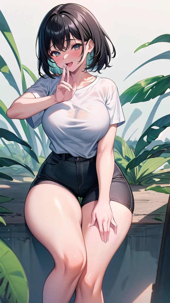 20-year-old,1 Girl, Extremely thick thighs, Surreal, 8K, (Extremely detailed 8K), (Very delicate and beautiful), (masterpiece), (Better Quality:1.0), (Ultra-high resolution:1.0), (masterpiece, Highest quality), cute,Black Hair,Laughing with your mouth open,Glowing Skin,, Short sleeve shirt,Leaning forward,Reaching out,Low - Angle,