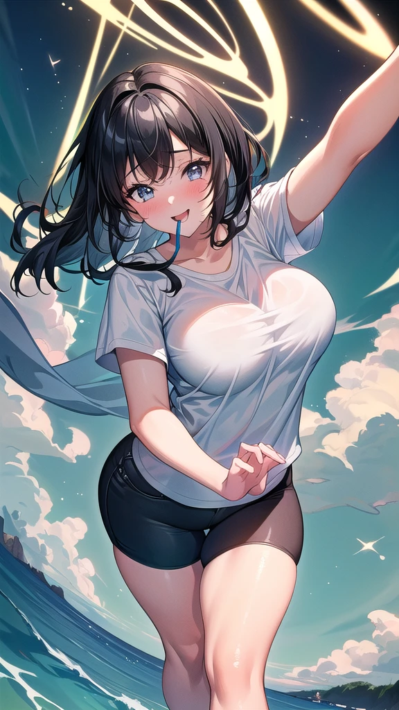 20-year-old,1 Girl, Extremely thick thighs, Surreal, 8K, (Extremely detailed 8K), (Very delicate and beautiful), (masterpiece), (Better Quality:1.0), (Ultra-high resolution:1.0), (masterpiece, Highest quality), cute,Black Hair,Laughing with your mouth open,Glowing Skin,, Short sleeve shirt,Leaning forward,Reaching out,Low - Angle,