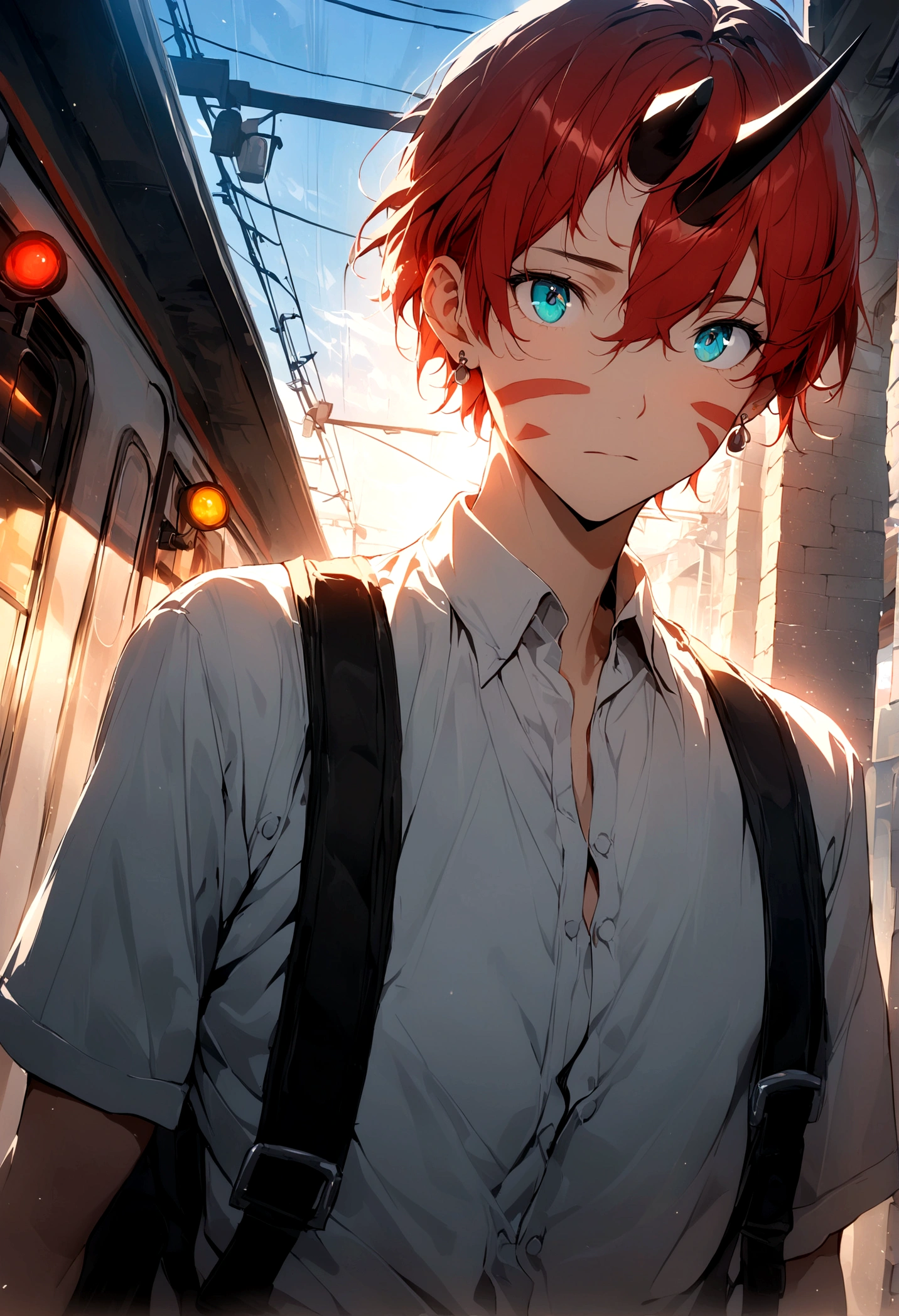 (best quality),(masterpiece), (extremely detailed 8K wallpaper),ultra-detailed,cinematic lighting, detailed light, best shadow, dyanamic angle, from down, train station, train, signal light, 1boy, leonard dung, red hair, aqua eyes, earring, single horn, strip mark on face, shone, white shirt,, detailed face, detailed reflctive eyes, beautiful eyes, extremely deatiled face,reflective hair,