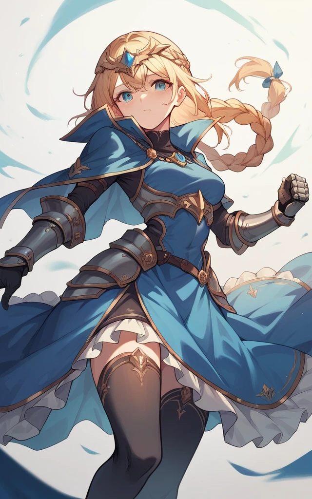 aajd, long hair, single braid, long braid, headpiece, blue capelet, blue shirt, armor, armored dress, blue dress, gauntlets, black thighhighs