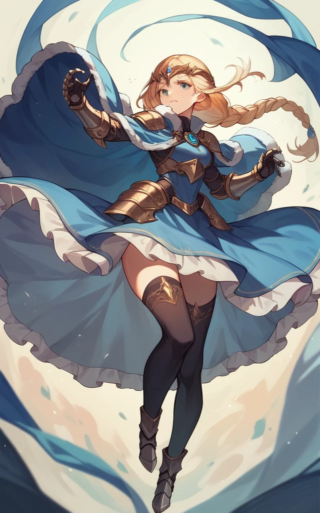 aajd, long hair, single braid, long braid, headpiece, blue capelet, blue shirt, armor, armored dress, blue dress, gauntlets, black thighhighs