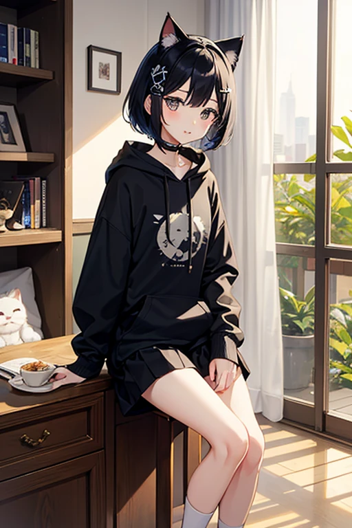 Highest quality、Black Hair、Iris、short hair、girl、cute、、、Small hair ornament、1 person、Cat ears hoodie、Culottes skirt、Manet the Cat、
