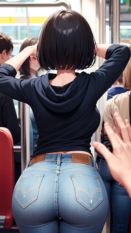 1 girl, women, 1 face, (((woman only))), standing, (girl in skinny tight navy jeans), (long jeans), (navy jeans), ((jeans ass)), (from behind), lookig back, (slender : 1.2), 29 years old, (short bob cut), ((black hair)), bangs, nose blush, full opened eyes, round mouth, drool, orgasm, (white hoodie), (((embarrassed))), surprised, hard sweat, very tight ass, detailed girl’s face, blue eyes, train interior, (crowded train), girl hold on to a strap, (girl’s arms up), pov, japanese, detailed jeans, ((molestation)), (((woman put hands on girl’s ass))), detailed cloth, high quality, small breast, chin bone, leaning forward : 1.2