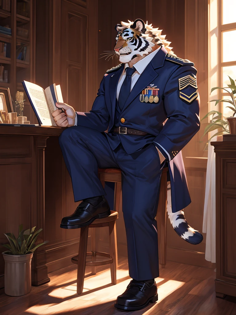 {{bara extremely handsome white tiger,}} {{white fur,}} white, wearing military like purple trench coat purple trousers and white dress shirt and necktie, white fluffy furry body and limbs, loafers, very tall, very broad shoulders, narrow waist, muscular arms, massive pecs, purple eyes, very long legs,  sitting on swivel chair with legs spread, reading file, sophisticated smart look, full body, sunlight casting over, 3/4 view, best quality, high quality, silver earring on left ear, dead stare, cold expression