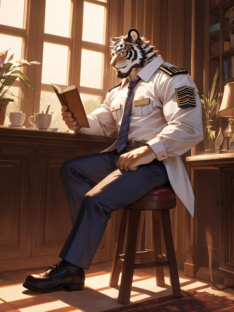 {{bara extremely handsome white tiger,}} {{white fur,}} white, wearing military like purple trench coat purple trousers and white dress shirt and necktie, white fluffy furry body and limbs, loafers, very tall, very broad shoulders, narrow waist, muscular arms, massive pecs, purple eyes, very long legs, sitting on swivel chair with legs spread, reading file, sophisticated smart look, full body, sunlight casting over, 3/4 view, best quality, high quality, silver earring on left ear, dead stare, cold expression