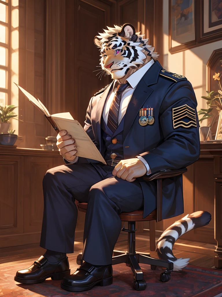 {{bara extremely handsome white tiger,}} {{white fur,}} white, wearing military like purple trench coat purple trousers and white dress shirt and necktie, white fluffy furry body and limbs, loafers, very tall, very broad shoulders, narrow waist, muscular arms, massive pecs, purple eyes, very long legs, sitting on swivel chair with legs spread, reading file, sophisticated smart look, full body, sunlight casting over, 3/4 view, best quality, high quality, silver earring on left ear, dead stare, cold expression