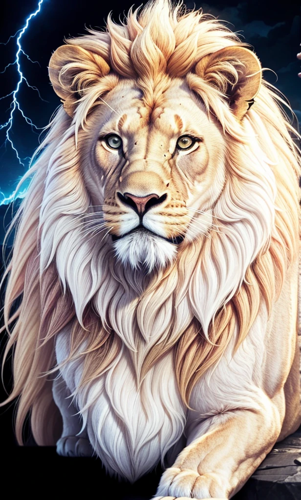 Lion, Divine Lion, naturals, thunder, Realistic Lion, rey, realistic detailed, Sunset light, sky, Sol noturno, realistic detailed 16K, Eletricidade Detalhada 8K, darkness background, Texturas realistas de 8K, Cores photorrealistic 8K, fire azul, realistic detailed Fire Bolt, sky Light Detailed, Power of thunder, Divine realistic, golden crown, golden crown, golden crown, naturey, Linda, Rendering, photorrealistic, UltraHigh definition, 4K, detailed textures, thunder, detailed shadows, detailed colors, neon blue, blue light, lightnings, blue power, naturey Linda, Great Divine, peaceful face, naturalss, lightning, Electric Power Screw, detailed contrast, realistic contrast, high resolution, detailed colors, fire, villany, divine creature, 8K FullHD, realistic detailed, 16K, 8K, High definition, detailed contrast, realistic contrast, high resolution, detailed colors, fire, villany, divine creature, 8K Realistic Lion Face, realistic detailed, posh, elegance