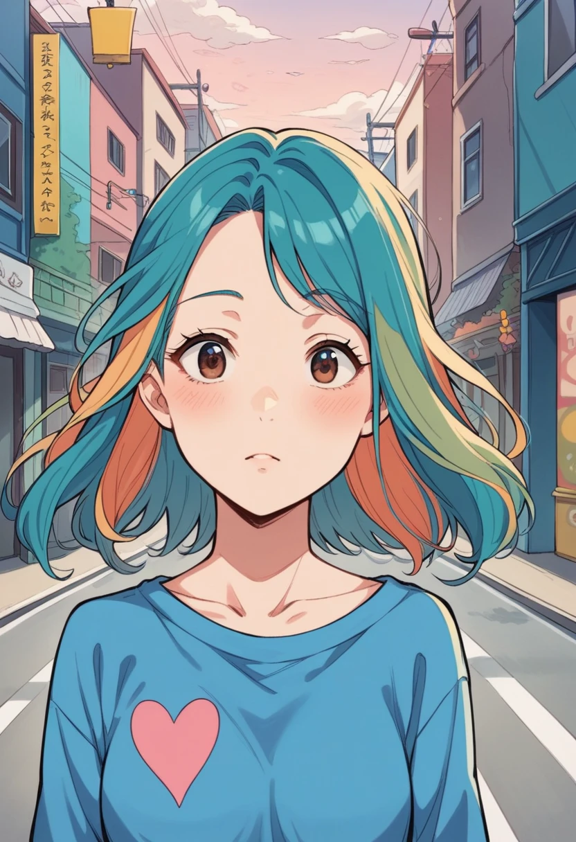 anime girl with blue hair and pink heart on her chest, anime style illustration, anime girl with teal hair, anime visual of a cute girl, anime style portrait, colored manga art, decora inspired illustrations, beautiful anime art style, full color manga visual style, portrait of cute anime girl, in an anime style, anime styled digital art, anime colours, Along the coastal road, astride a bicycle, looking out to sea, blue sky, white clouds, summer landscape