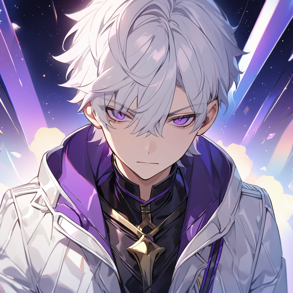 High quality, HD, 4k, no shadows, handsome male, 1male, 17 years old, teenager, golden lining, short white hair, sharp eyes, dark purple eyes, deep purple eyes, devil may cry, close up, calm expression, stoic expression, black leather clothes, white leather clothing, lean body, well trained body, upper body, looking at viewer, cowboy shot, white solar, space background