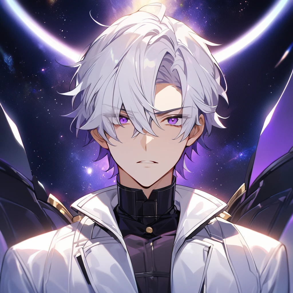 High quality, HD, 4k, no shadows, handsome male, 1male, 17 years old, teenager, golden lining, short white hair, sharp eyes, dark purple eyes, deep purple eyes, devil may cry, close up, calm expression, stoic expression, black leather clothes, white leather clothing, lean body, well trained body, upper body, looking at viewer, cowboy shot, white solar, space background