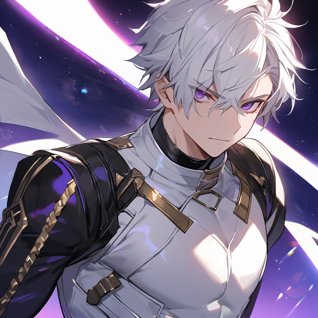 High quality, HD, 4k, no shadows, handsome male, 1male, 17 years old, teenager, golden lining, short white hair, sharp eyes, dark purple eyes, deep purple eyes, devil may cry, close up, calm expression, stoic expression, black leather clothes, white leather clothing, lean body, well trained body, upper body, looking at viewer, cowboy shot, white solar, space background