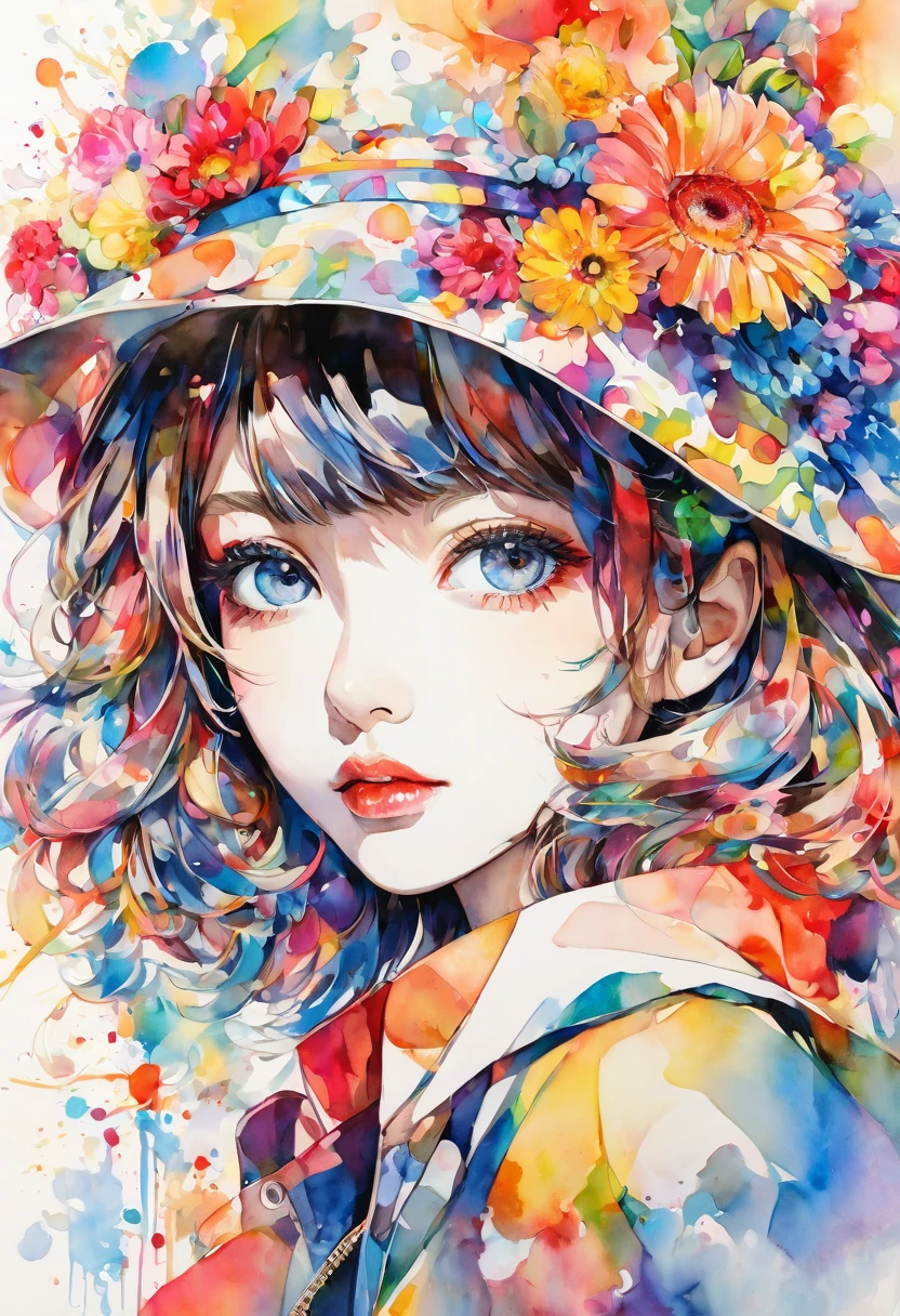 beautiful woman portrait, Sylvia Pelissero watercolors, colorful flowers、beautiful eyes、 abstract art, intense watercolor, watercolor detailed art, watercolor splash, surreal, avant-garde pop art, Beautiful and expressive paintings, Beautiful artwork illustration, very colorful tones, wonderful, cool beauty, highest quality,official art, women only, sharp outline, best shot, vector art, lips in love、 (((The strongest beautiful girl of all time))), (((Japanese)))、Idol、clear, Fashionable hats, (((highest quality))), bob hair, lips in love, HDR, ((Detailed details)), stylish fashion, detailed clothing texture, (((graffiti art))), colorful hair, ((masterpiece))、((Super detailed))