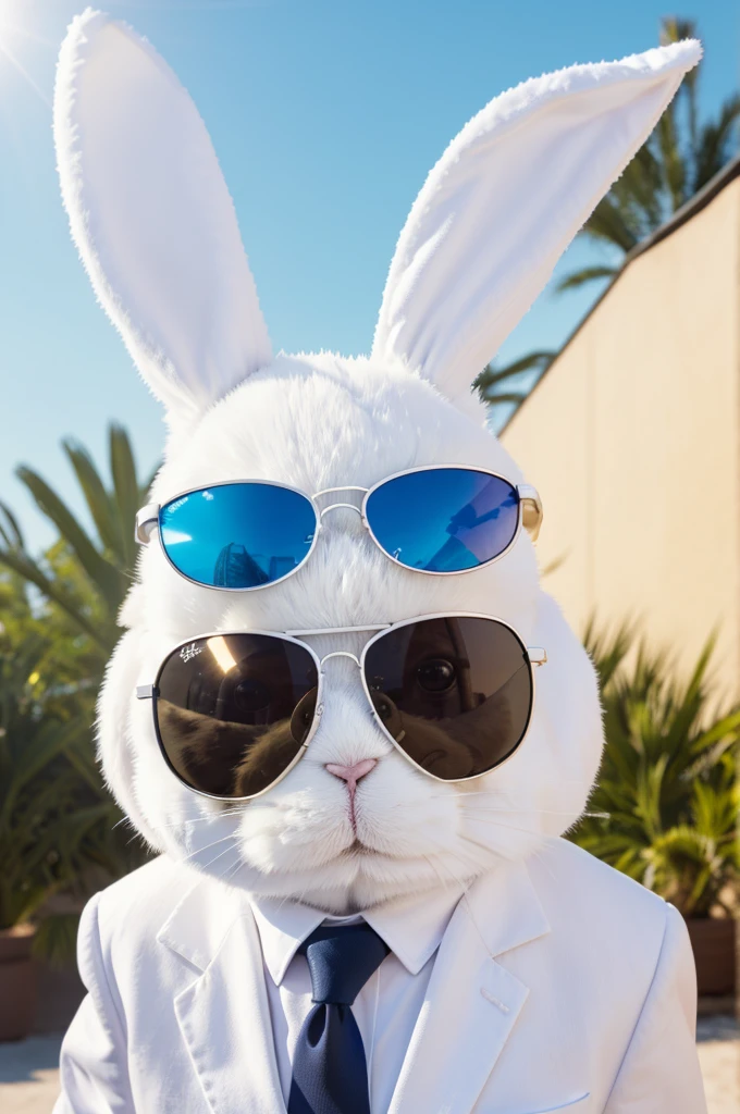 there is a white rabbit wearing sunglasses and a tie, with sunglasses, cute anthropomorphic bunny, electrixbunny, anthropomorphic rabbit, bad bunny, bunny suit, cool sunglasses, in sun glasses, wearing a bunny suit, rabbit, closeup 4k, sun glasses, rabbit_bunny, with sunglass, white rabbit, high fov