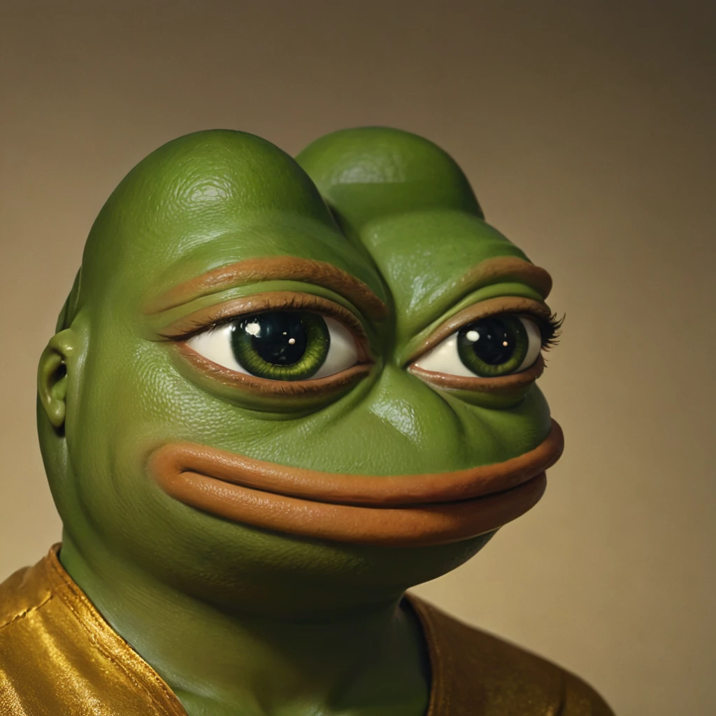 a pepe the frog character, detailed facial features, 1frog, digital art, 3d render, highly detailed, 8k, hyperrealistic, masterpiece, award-winning concept art, cinematic lighting, vibrant colors, whimsical, fantasy, surreal, dynamic pose, anthropomorphic, detailed textures, golden accents, emotionalexpression