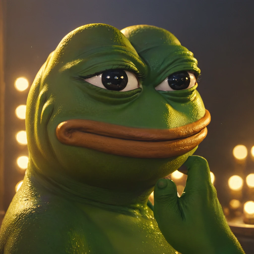 a pepe the frog character, detailed facial features, 1frog, digital art, 3d render, highly detailed, 8k, hyperrealistic, masterpiece, award-winning concept art, cinematic lighting, vibrant colors, whimsical, fantasy, surreal, dynamic pose, anthropomorphic, detailed textures, golden accents, emotionalexpression