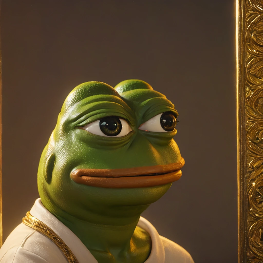 a pepe the frog character, detailed facial features, 1frog, digital art, 3d render, highly detailed, 8k, hyperrealistic, masterpiece, award-winning concept art, cinematic lighting, vibrant colors, whimsical, fantasy, surreal, dynamic pose, anthropomorphic, detailed textures, golden accents, emotionalexpression