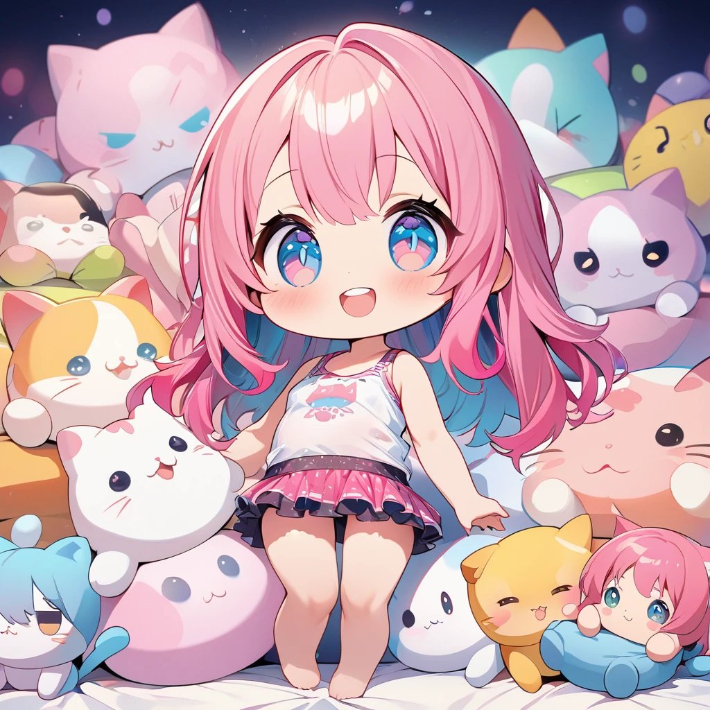 masterpiece、Highest quality、Depth of subject、((2D illustration))、1 beautiful girl、((colorful))、(((chibi style)))、((Long, beautiful hair))、Bright pink hair、ribbon、cute、Beautifully detailed eyes、Tank top、((mini skirt))、(((vivid color))、((bed))、stuffed toy、((full body shot))、((Very happy face))、((baby cat))、((There&#39;s a lot of pink around))、((Lens flare))、White light is shining、Sunbeam、My whole body was filled with light、Cinematic lighting、Full body lighting