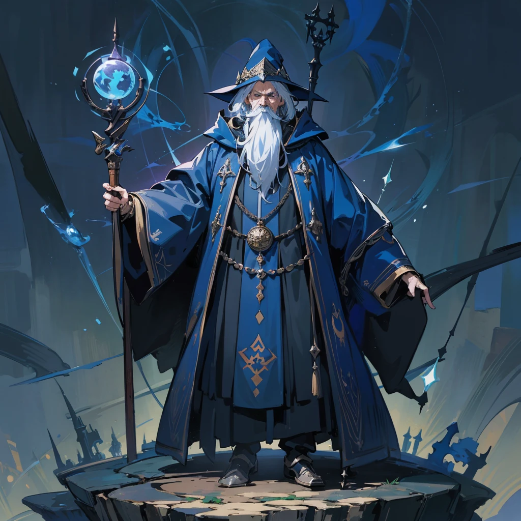 an older man，European medieval magician，wizard，Wearing dark blue mage robes，Holding staff，Stand in the middle of the magic array，The surrounding environment is a magic academy。Medium shot composition，full body picture，characters and scenes，Game concept art style，Anime illustration style，watercolor style，Marker style，high-definition，4k。