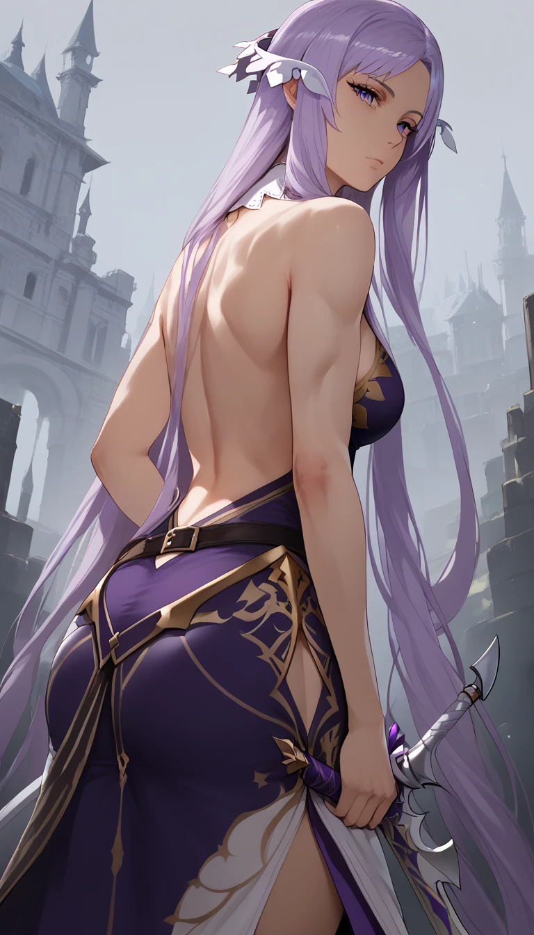 score_9, score_8_up, score_7_up, score_6_up, uncensored, quinella, absurdly long hair, purple eyes, long hair, parted bangs, purple hair, very long hair, hair ornament, BREAK (masterpiece:1.2), best quality, high resolution, (detailed eyes:1.3), perfect lighting, (perfect hands, perfect anatomy), large breasts, rating:safe, 1girl, solo, bow_(weapon), muscle, weapon, back, breasts, tattoo, muscular_female, from_behind, looking_back, quiver, expressionless, hollow eyes, 